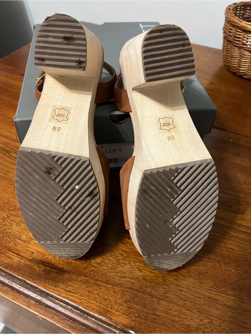 LOFT Cognac Suede Platform Sandals with Wood Block Heel
